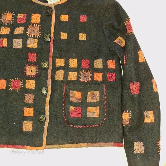 Sandy Starkman Vintage Black Wool Blend Jacket With Embroidered Square Patterns - Picture 2 of 5